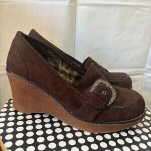 90s Y2k Lower East Side Brown Faux Suede Casual Wedge Heel Buckle Loafer 11 W